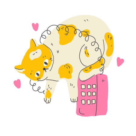 Funny cartoon cat with vintage phone wiating for a call. Modern flat style pet vector illustrationのイラスト素材