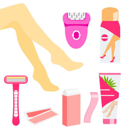 Epilation and hair removal tools. Electric Epilator, wax cassete and stripes, razor, cream and other iconsのイラスト素材