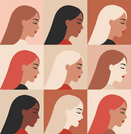 Woman portraits set in minimal style. Collection of Female faces profile. Trendy modern fashionable Girl avatarsのイラスト素材