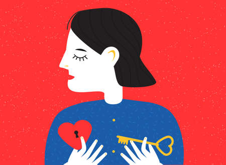 Person with heart shape lock and key. Love feeling. Mental health concept. Abstract vector illustration for people mood and state of mindのイラスト素材