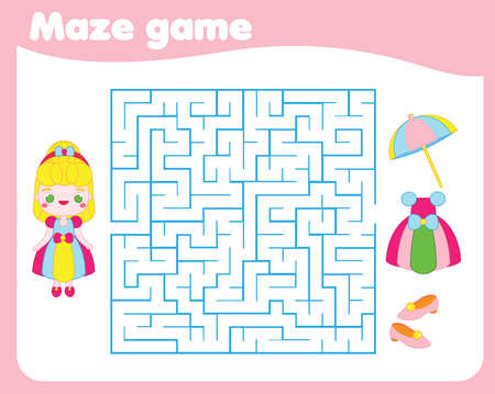 Maze puzzle. Help princess find dress. Activity for toddlers. educational children game. Animals theme worksheet for kidsのイラスト素材