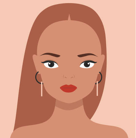 Woman portrait in minimal style. Female face. Girl with earrings vector illustration, avatar for social mediaのイラスト素材