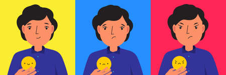 Man with emoticon symbols. Happy, sad and angry mood. Vector illustration for people states of mindのイラスト素材