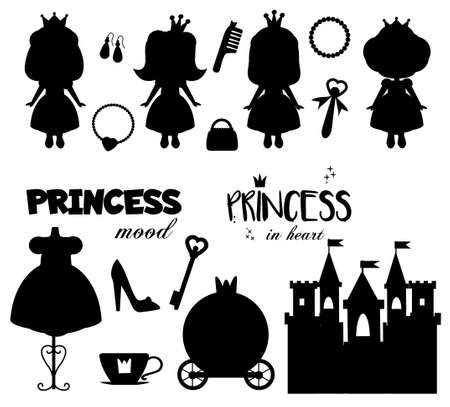 Princess theme collection of silhouettes isolated on white. Castle, dress, girls, quotes and other tale elements. Stickers, printables for kids and children themeのイラスト素材