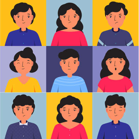 Man and woman show different emotions. Happy, sad, angry, confused paeople faces. Vector illustration for human mood and states of mindのイラスト素材