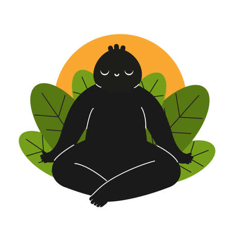 cartoon funny creature sitting in lotus pose and meditate. mindfulness and mental health concept. Calm vibes in yogaのイラスト素材