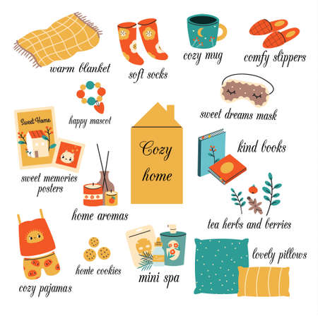 Cozy home concept vector illustration with hygge elements. Collection of lifestyle comfortable relaxing things like socks, pillows, blanket and other objet for self care and slow lifeのイラスト素材