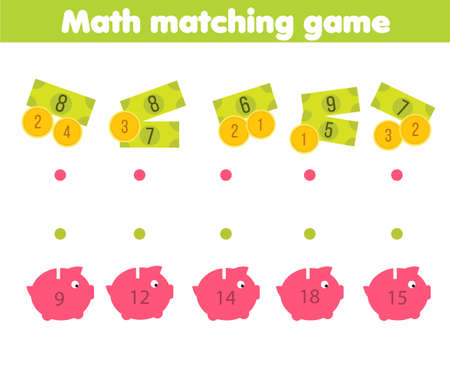 Mathematics matching educational children activity. Study counting money for kids and preschool. Match piggy bank with coins.のイラスト素材