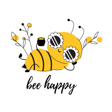 Happy bee enjoy relax and typography Bee Happy. Vector design for positive poster, greeting card or printのイラスト素材