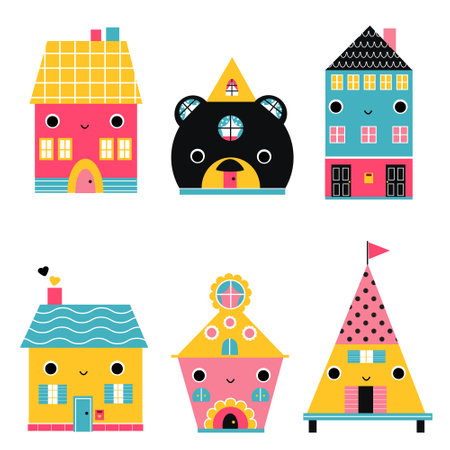 Collection of cute fantasy houses in cartoon child style. Vector clip artのイラスト素材