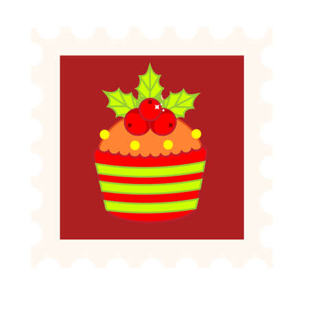 Chiristmas postal stamp with ilex cupcake. New year postage symbol. Vector icon for winter holidays design, scrapbook and otherのイラスト素材