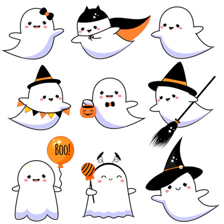 Cute ghosts set. Adorable Halloween characters in kawaii style. collection of isolated vector clip artのイラスト素材