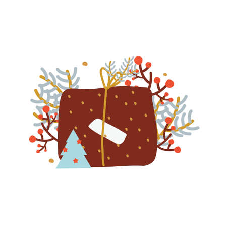 Christmas present. New Year giftbox decorated with spruce, berries, forest branches, leaves for seasonal winter celebration designのイラスト素材