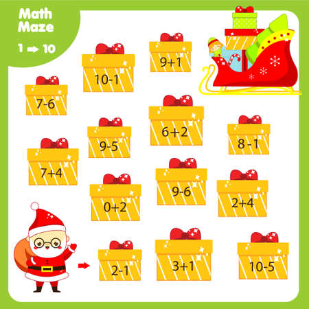 Educational children game. Christmas Mathematics maze. Labyrinth with equations from one to ten. Help Santa Claus find gifts. New Year theme activity for kidsのイラスト素材