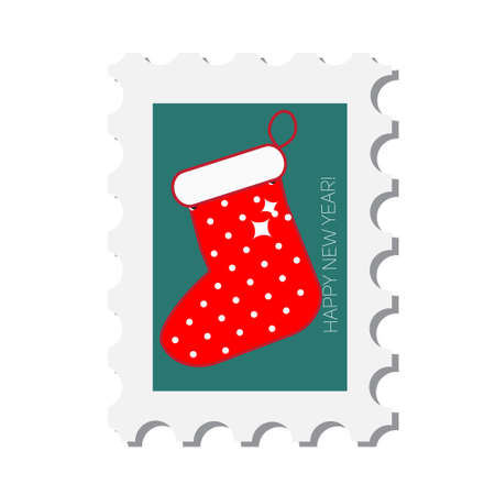 Chirstmas postal stamp with gift stocking. New year postage symbol with sock. Vector sticker for winter holidays designのイラスト素材