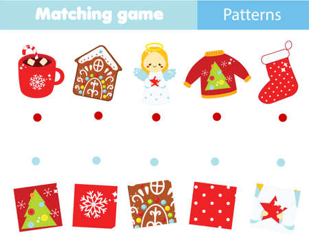 Matching game. Match pattern with objects educational children activity for New Year, Christmas, winter holidays theme.のイラスト素材