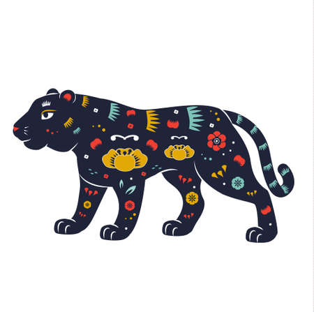 Tiger Chinese zodiac decorated with flowers and ornaments. Vector animal mascot for 2022 chinese new year celebration. Beautiful folk tiger for tattoo and printsのイラスト素材