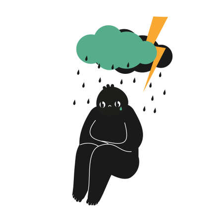 Sad abstract creature sits under rain clouds. Concept of depression, sorrow and negative emotions clip artのイラスト素材