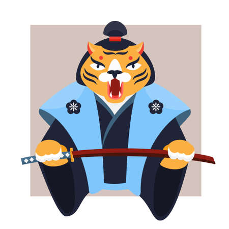 Tiger in samurai clothes with katana sword in paws. Animal warrior Vector illustrationのイラスト素材