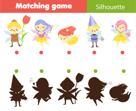 Shadow matching game for children. Find the right shadow for Cartoon fairy elf. fun activity for kidsのイラスト素材