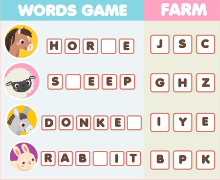 Educational game for children. Word puzzle kids activity. learn farm animals and English vocabulary fun for toddlersのイラスト素材