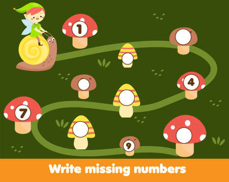 Mathematics educational game for children. Complete the row, write missing numbers. Help elf find way in forest. Count from one to ten for kids and toddlers.のイラスト素材