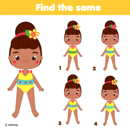 children educational game. Find the same pictures. Find two identical summer girlsのイラスト素材