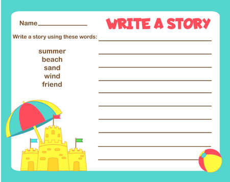 Writing prompt for kids blank. Educational children page. Develop fantasy and writing stories skills. summer holidays themeのイラスト素材