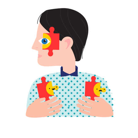 Person with puzzle pieces and happy and sad emoticon. Mental health concept. Abstract vector...