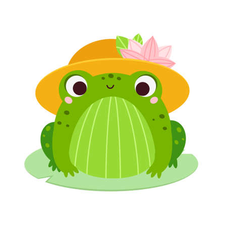 Cute happy frog sit on leave. Cartoon animal character for kids and children clip artのイラスト素材
