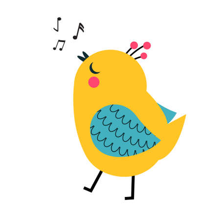Cute cartoon singing bird. Funny whistle bird illustration, vector clip art.のイラスト素材