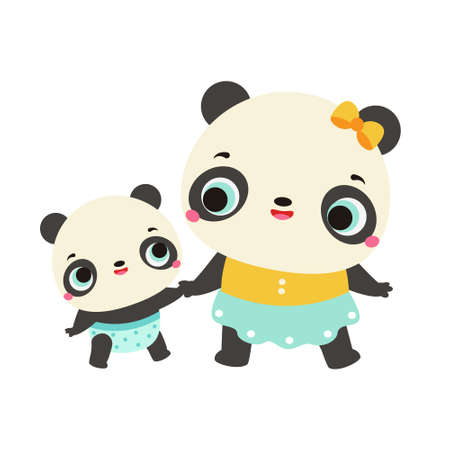 Cute panda bear baby with mother panda. cartoon animal family characters for kids and children clip artのイラスト素材