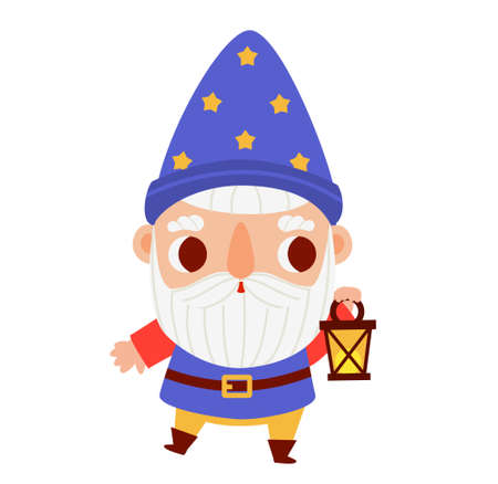 Cute garden gnome vector illustration. funny Cartoon dwarf character with lanternのイラスト素材