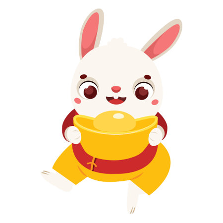 Cartoon rabbit with golden boat yuanbao ingot. Happy Chinese new year celebration bunny hare character for 2023. vector clip artのイラスト素材