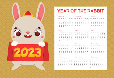 2023 year calendar grid with rabbit. Chinese new year design with animal symbol of lunar zodiac, rabbit hold scrollのイラスト素材