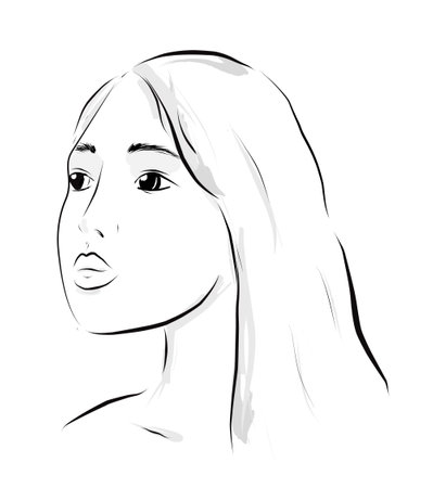 Asian Woman portrait in sketch style. Japanese Female face. Beautiful korean Girl vector fashion illustrationのイラスト素材