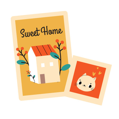 Cute postcards with house and cat. Lifestyle home interior clip art illustrationのイラスト素材