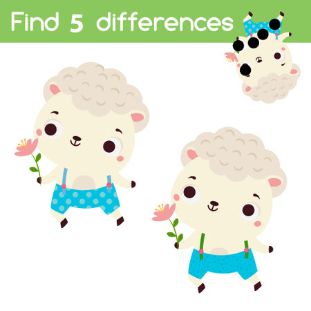 Find the differences educational children game with answer. Kids activity with cartoon lambのイラスト素材