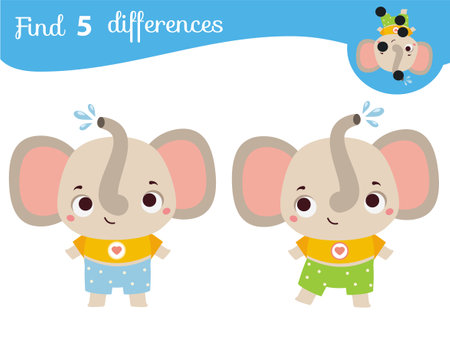 Find the differences educational children game. Kids activity with cartoon elephantのイラスト素材