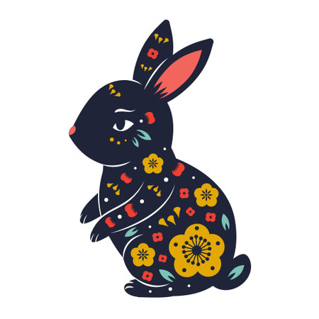 Hare decorated with flowers. Beautiful rabbit bunny in folk style. vector animal Symbol for chinese new year lunar zodiac, Easter, Moon festival celebrationsのイラスト素材