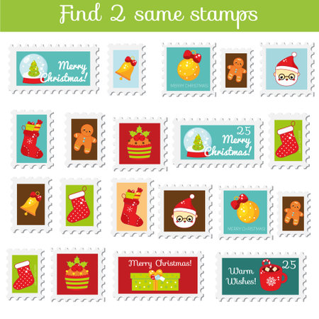 children educational game. Find the same pictures. Find two identical Christmas stamps. New year theme fun for kids and toddlers.のイラスト素材