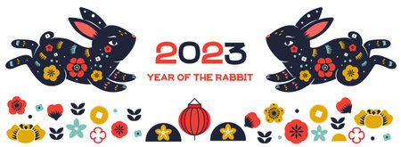 2023 year of rabbit. Chinese new year banner with jumping rabbits hare animals lunar symbol and decorative border . hieroglyphs translation mean Happy New yearのイラスト素材