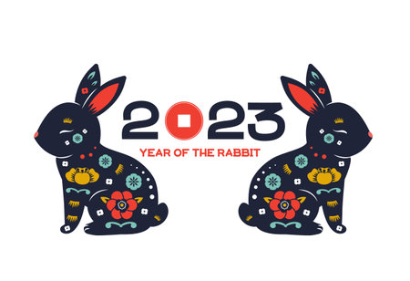 2023 year of rabbit. Chinese new year lunar zodiac banner template with beautiful decorated rabbits lunar zodiac symbolsのイラスト素材