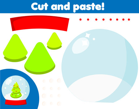 Creative children educational game. Paper cutting activity. Make a New Year, Christmas crystal ball with glue and scissorsのイラスト素材
