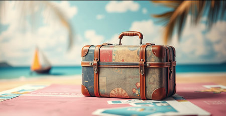 vintage travel suitcase with decorative patterns, on a beach background. Retro styled vacation theme cardの素材