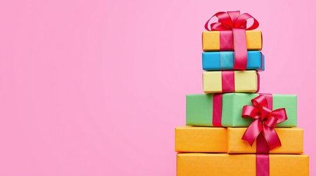 Colorful gift boxes with red ribbon on pink background with copy spaceの素材
