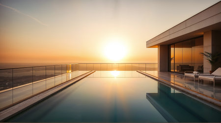 Luxury rooftop penthouse terrace with swimming pool, glass railing, and lounge chairs against a sunset lightの素材