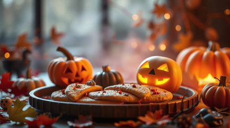 Cozy Halloween theme decorative composition with cookies on plate and smiling pumpkinsの素材