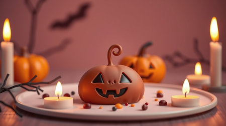 Cozy Halloween interior decorations, featuring pumpkin figurine on plate, candles and branchesの素材