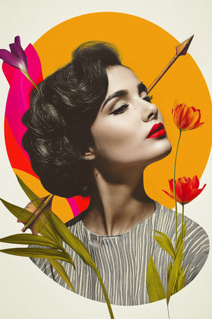 Sagittarius zodiac as fashion collage with woman and arrow. Female astrological horoscope sign creative illustrationの素材